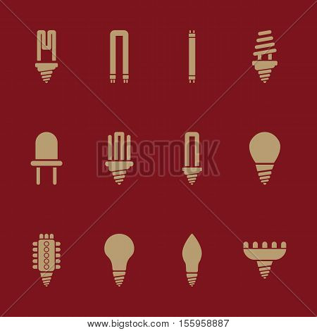 The light bulb icon, set of 12 icons. Lamp and bulb, lightbulb symbol.UI. Web. Logo. Sign. Flat design. App Stock vector