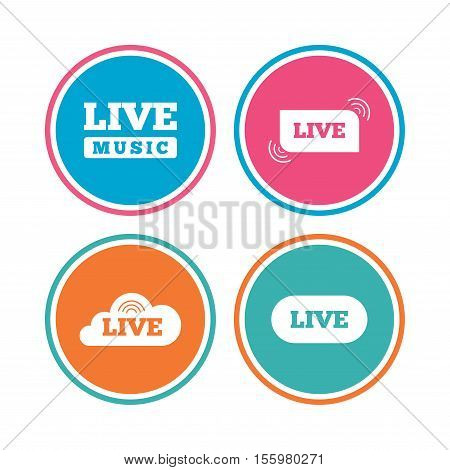 Live music icons. Karaoke or On air stream symbols. Cloud sign. Colored circle buttons. Vector