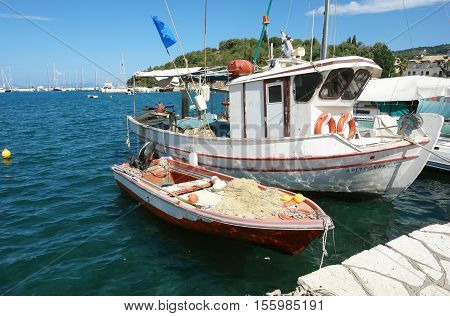 Sivota GREECE May 09 2013: The fishing-boats in a port of Sivota town on the Ionian sea in Greece.