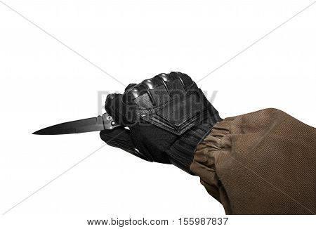 Isolated first person view soldier hand in black battle gloves & tactical jacket holding knife ready for defense.