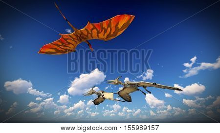 Flying pterodactyl over the land 3d illustration