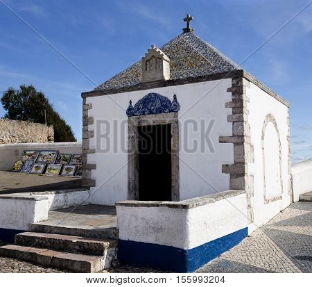 View of the Memoria Hermitage a 12th century old small chapel located on the hilltop O Sitio overlooking Nazare Portugal