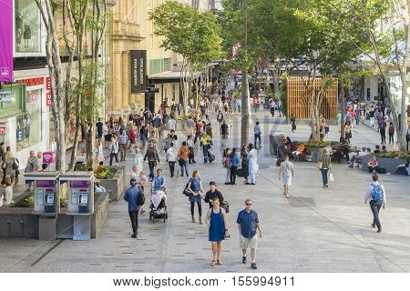 Brisbane, Australia - September 26, 2016: View of people in the busy Queen Street Mall, a vibrant shopping and lifestyle precinct with flagship stores, located at Queen Street in Brisbane City.