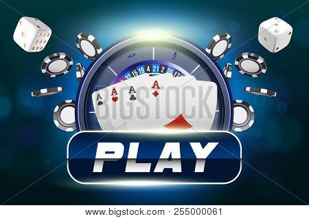 Casino Background Roulette Wheel With Playing Cards, Dice And Chips. Online Casino Poker Table Conce