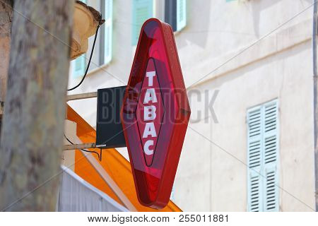 French Red And White Modern Tabac Sign. In France Tabac Means Tobacco