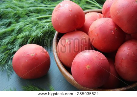 Fresh Red Ripe Tomatoes And Fresh Dill Greens For Salad Making, Close-upn