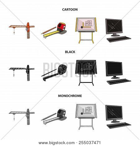 Construction Crane, Measuring Tape Measure, Drawing Board, Computer. Architecture Set Collection Ico