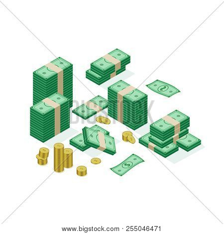 Isometric Banknotes Dollar. Isometria Golden Coins. Cash Vector