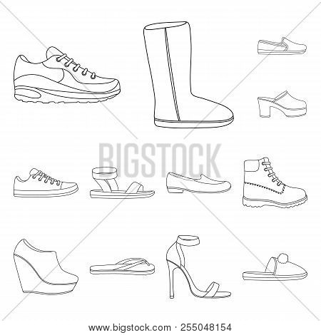 A Variety Of Shoes Outline Icons In Set Collection For Design. Boot, Sneakers Vector Symbol Stock We