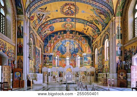 TREBINJE, BOSNIA AND HERZEGOVINA - JULY 08, 2018: interior of Holy Transfiguration Orthodox Cathedral in Trebinje, Bosnia and Herzegovina 