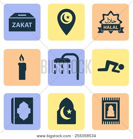 Religion Icons Set With Islam, Namaz, Ghusl And Other Body Cleansing Elements. Isolated Vector Illus