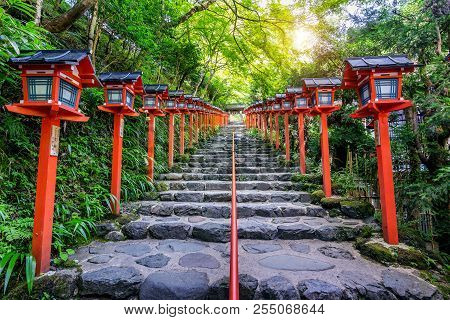 The Red Traditional Light Pole At Kifune Shrine, Kyoto In Japan.