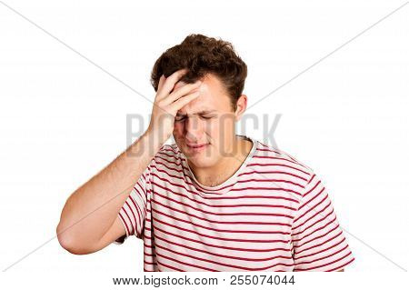 Desperate Crying Man With Hand In Hair. Emotional Man Isolated On White Background.