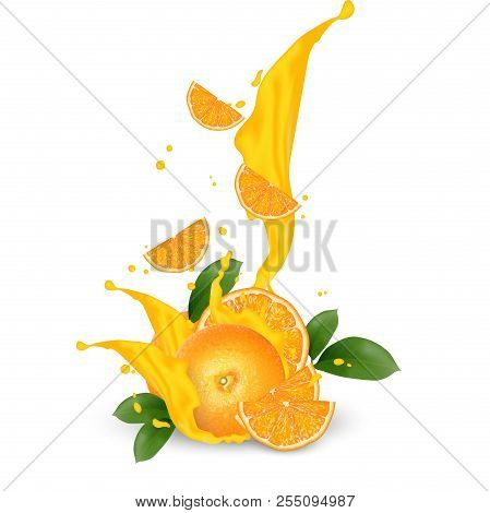 Juice Milk Yogurt Orange Slices Splashing. Orange Leaf. Juicy Orange Splash Packaging Template. Fall