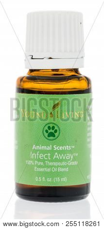 Winneconne, Wi - 27 July 2018: A Bottle Of Young Living Animal Scents Infect Away On An Isolated Bac