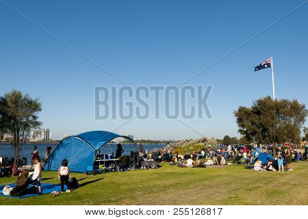 Perth, Australia - January 26, 2018: People Gathered On South Perth Foreshore Awaiting The Annual Au
