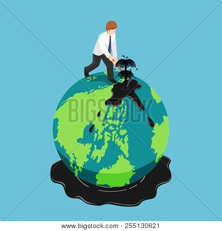 Isometric Businessman Diggin Oil On The Earth Globe