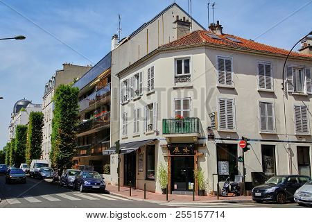 Levallois-perret, France - June 28, 2015: Intersection Of Rue Rivay And Rue Camille Pelletan. Facade