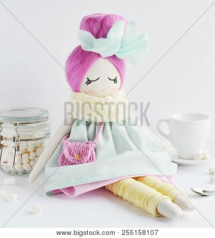Cute And Funny Fabric Doll With Pink Topknot Hairstyle