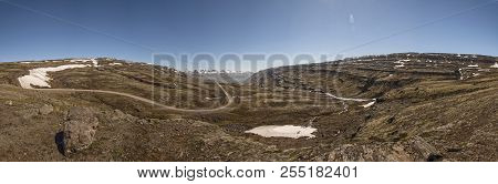 A Dirt Road (route 939) With Surrounding Landscape In Eastern Region, Iceland (panoramic)