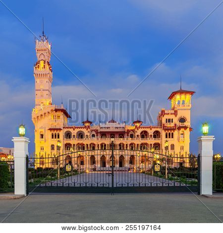 Front View Of The Royal Palace At Montaza Public Park At Night, Alexandria, Egypt