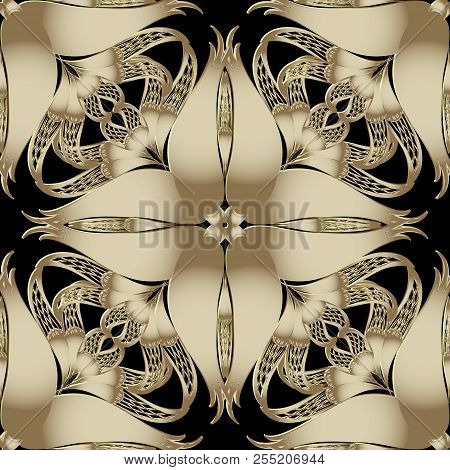 Ornate Gold 3d Floral Vector Seamless Pattern. Vintage Ornamenta