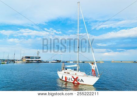 Nida, Lithuania - May 10, 2016: Ship At Nida Resort Town Near Klaipeda In Neringa On The Baltic Sea 