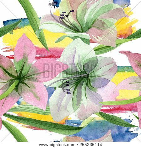 Watercolor Pink Amarylis Flower. Floral Botanical Flower. Seamless Background Pattern.