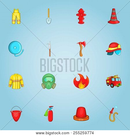 Fire Service Icons Set. Cartoon Illustration Of 16 Fire Service Icons For Web