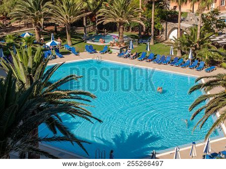Malia. Crete, Greece - July 1, 2018: Swimming Pool At Luxury Hotel In Malia On Crete, Greece