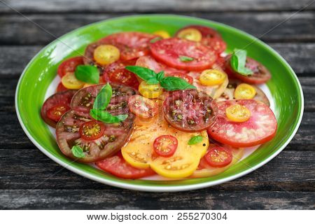 Colorful Tomato Salad With Heirloom, Pear Shaped, Beef Heart, Tigerella, Brandywine, Cherry, Black T