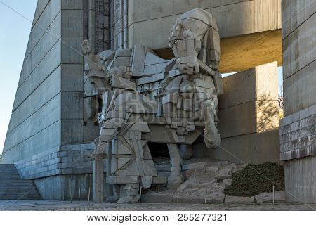 Shumen, Bulgaria - April 10, 2017:   Sunset View Of Founders Of The Bulgarian State Monument Near To