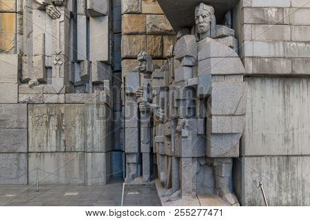 Shumen, Bulgaria - April 10, 2017:   Sunset View Of Founders Of The Bulgarian State Monument Near To