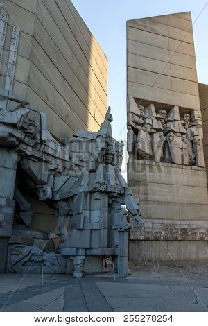 Shumen, Bulgaria - April 10, 2017:   Sunset View Of Founders Of The Bulgarian State Monument Near To