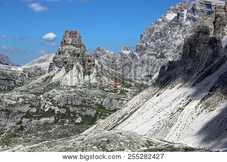 Along The Walk Tre Cime Di Laveredo Trail, Three Of The Most Famous Peaks Of The Dolomites, In The S