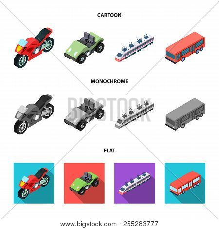 Motorcycle, Golf Cart, Train, Bus. Transport Set Collection Icons In Cartoon, Flat, Monochrome Style