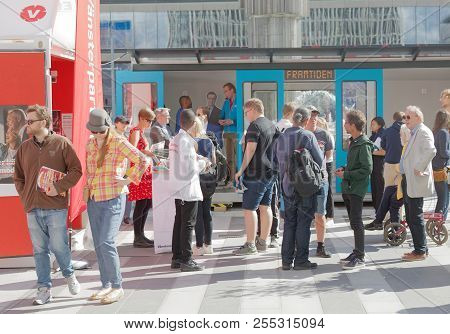 Stockholm, Sweden - Aug 26, 2018: Political Partys At Their Polling Huts Trying To Get Votes During 