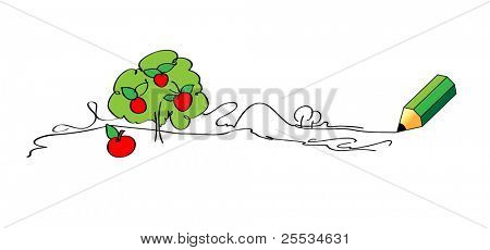 Disegno albero di mele a matita verde vettoriale