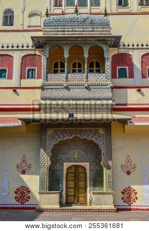 Jaipur, India - Nov 2, 2017. Colorful Gate Of Pritam Niwas Chowk Of City Palace. Jaipur Is The Capit