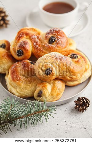 Traditional Swedish Christmas Saffron Buns (lussebulle Or Lussekatt). Swedish Christmas. White Backg
