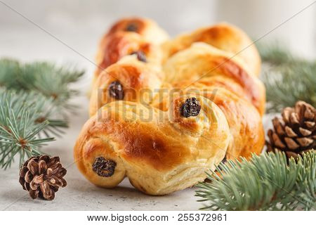 Traditional Swedish Christmas Saffron Buns (lussebulle Or Lussekatt). Swedish Christmas. White Backg