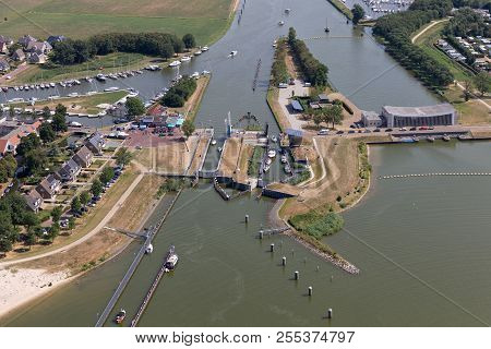 Aerial View Harbor Dutch Village Stavoren With Sluice Ancdcanal