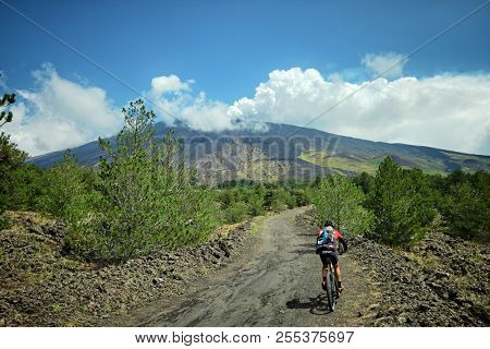 ADRANO, ETNA PARK, SICILY, ITALY - AUGUST 25, 2018: a mountain biker is riding on a dirt road along the slopes leading to the tree line