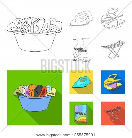 A Bowl With Laundry, Iron, Ironing Press, Washing Powder. Dry Cleaning Set Collection Icons In Outli