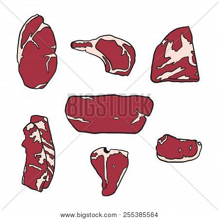 Fresh Meat Set Hand Drawing Vector Illustration Isolated Objects.