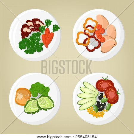 Dish Collection Plates Set Vegetable Food With Pepper And Broccoli, Tomato Near Cucumber Vegetarian 