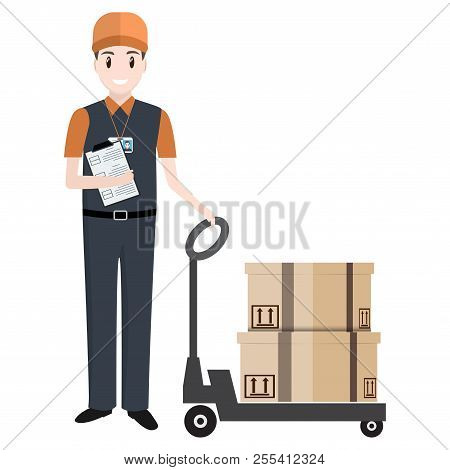 Man With Boxes And Hand Pallet Jack Lift Icom. Delivery Or Moving Crate Illustration