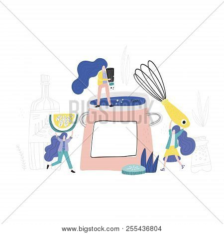 Women Making Dinner. Small People Cooking Concept. Hand Drawn Vector Illustration.
