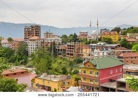 Peshkopi, Albania- 26 June 2014: View Of Old Town Of Peshkopi. Building And Mosque. Peshkopi Lies Ea