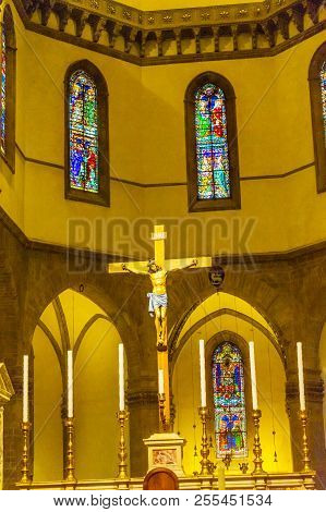 Florence, Italy - September 25, 2017 Altar Large Maiano Cross Stained Glass Duomo Cathedral Church F